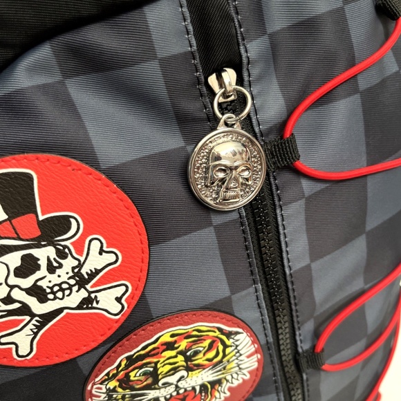 Ed Hardy Tattoo Patch Backpack Skull Tiger Flame Print Black Gray Checkered NWT - Picture 5 of 11